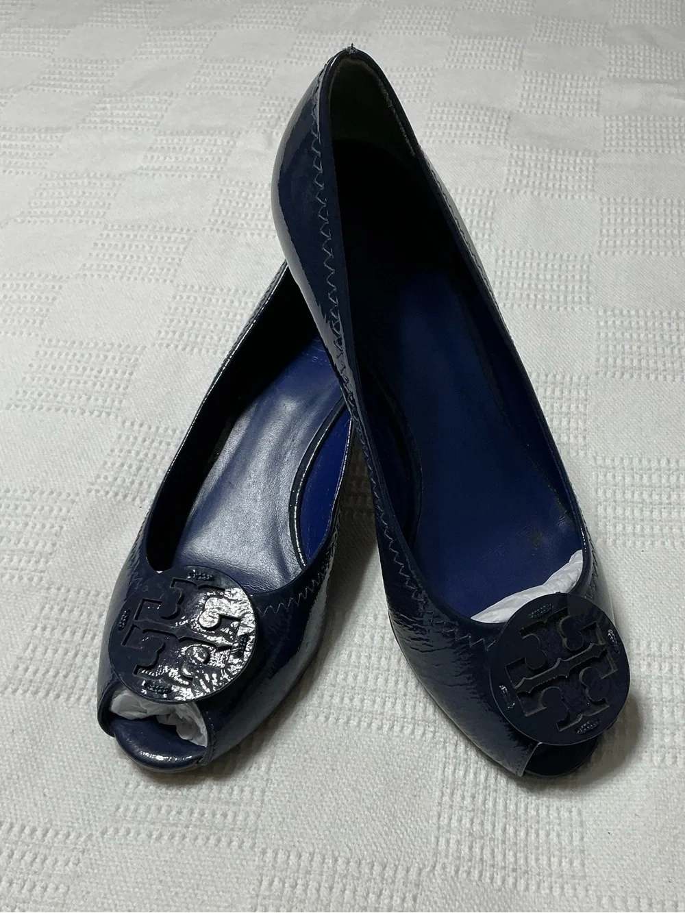 Tory Burch Blue Patent Leather Peep Toe Wedges Pumps Size 7